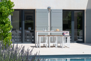 Heated pool with sun terrace and mountain view at Villa Beaumont in Malaucène, Provence.