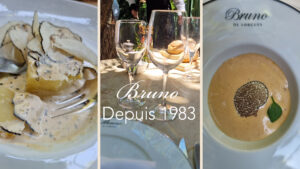 Fine dining at Restaurant Bruno in Lorgues, Provence – truffle dishes and elegant table setting under the plane trees.