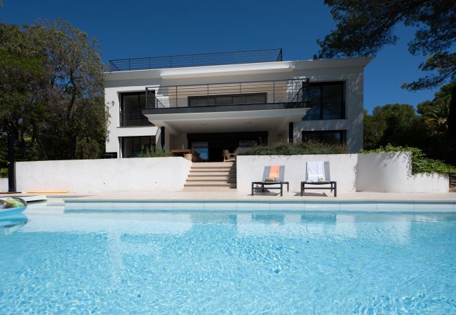 Villa Le 41 - Pool mit Sonnenliegen und breiter Treppe zu luxuriös eingerichteter Terrasse