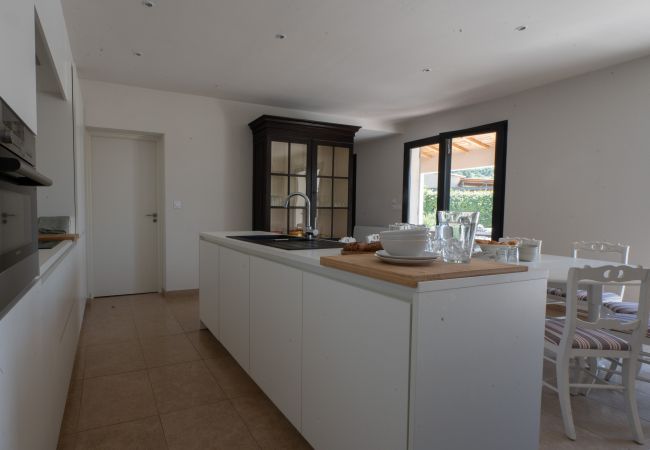 Image of the well-equipped kitchen in Villa Beaumont, located in Malaucène, Provence.