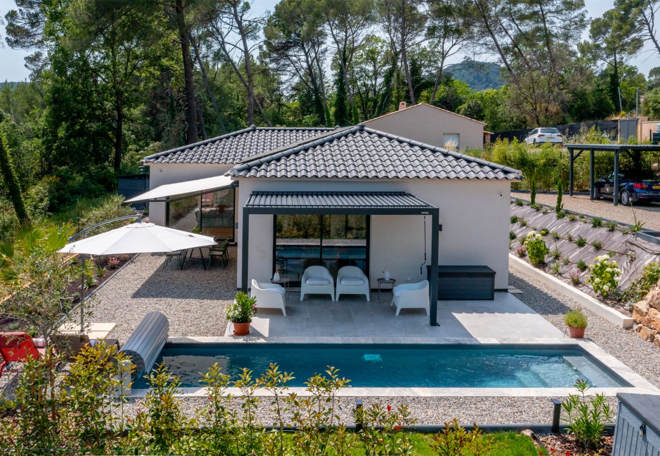 Aerial view of Villa Port des Vins with pool and covered terraces