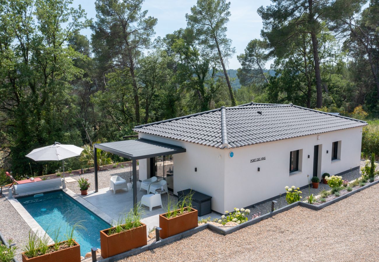 Aerial view of Villa Port des Vins with driveway, pool, and main entrance