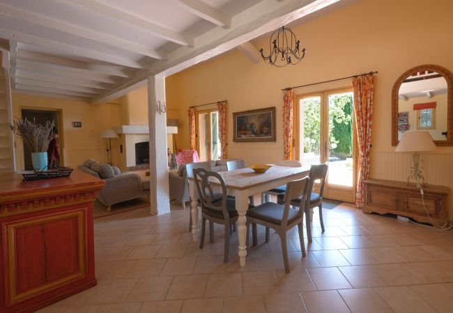 Mas de Charles à Lorgues, en Provence avec un salon: un coin repas, une cheminée, des portes-fenêtres et la climatisation